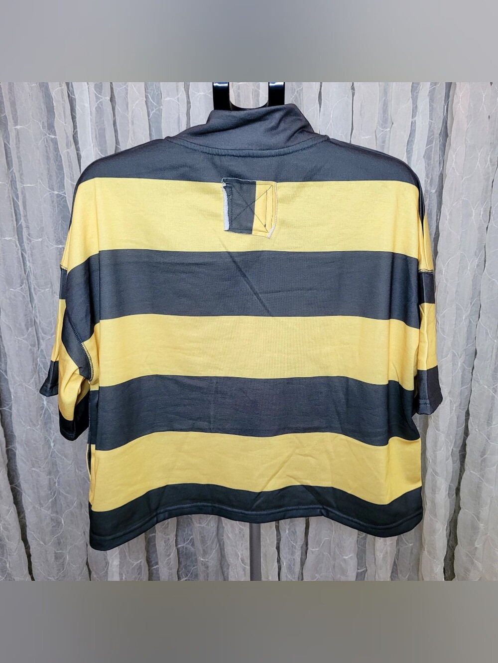 LovLov 2 Piece Set Yellow Grey Rugby Striped Half Zip Shorts Lounge L - Picture 7 of 12
